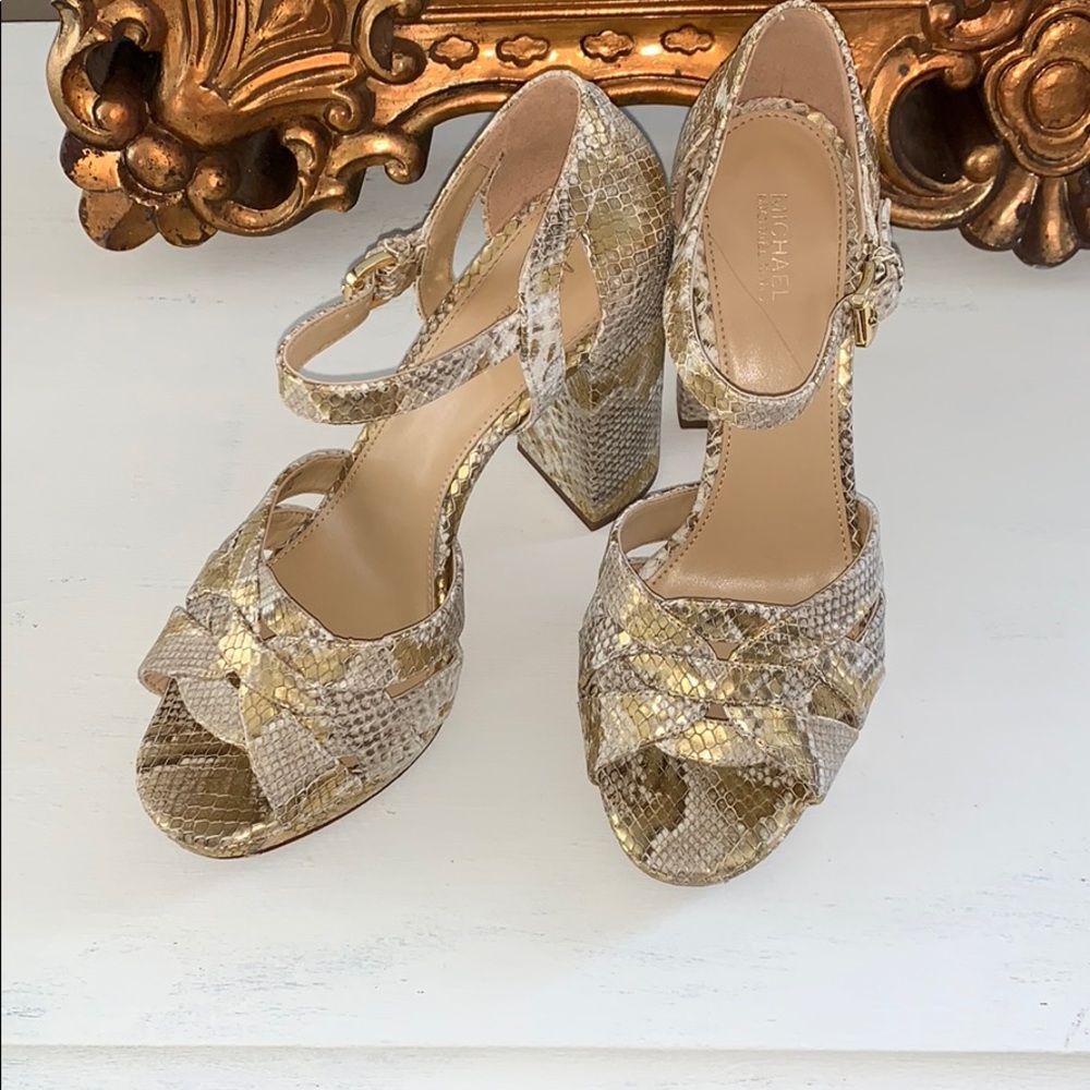 Michael Kors, Gold snake skin print, block heels